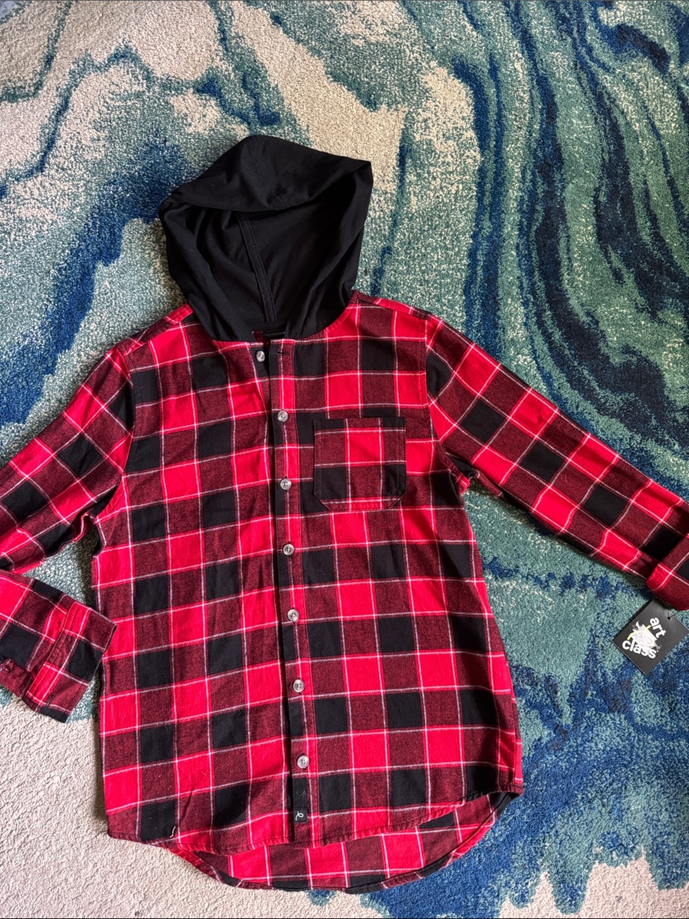 New, Red Plaid Hooded Button-Up Shirt by Art Class Boys 10/12